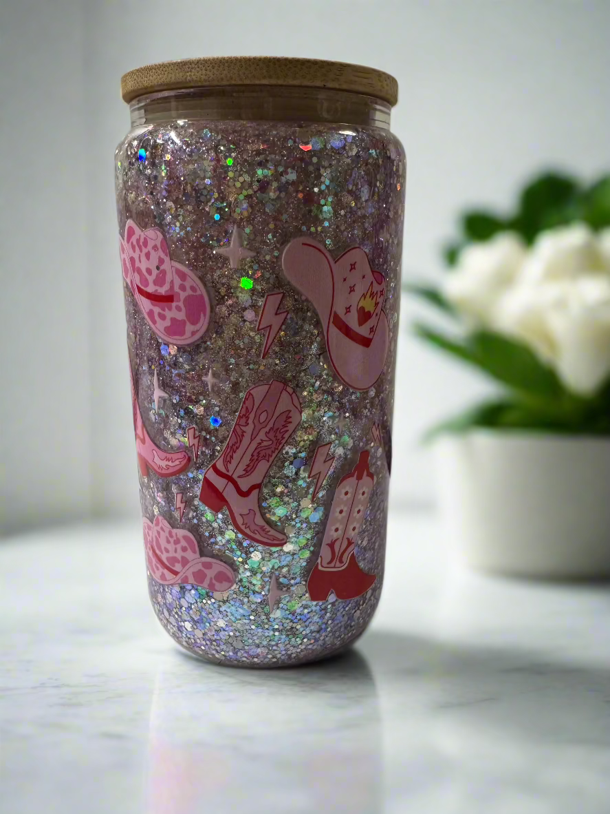 #3 Glass Cup- Pink Cowboy Hats and Boots