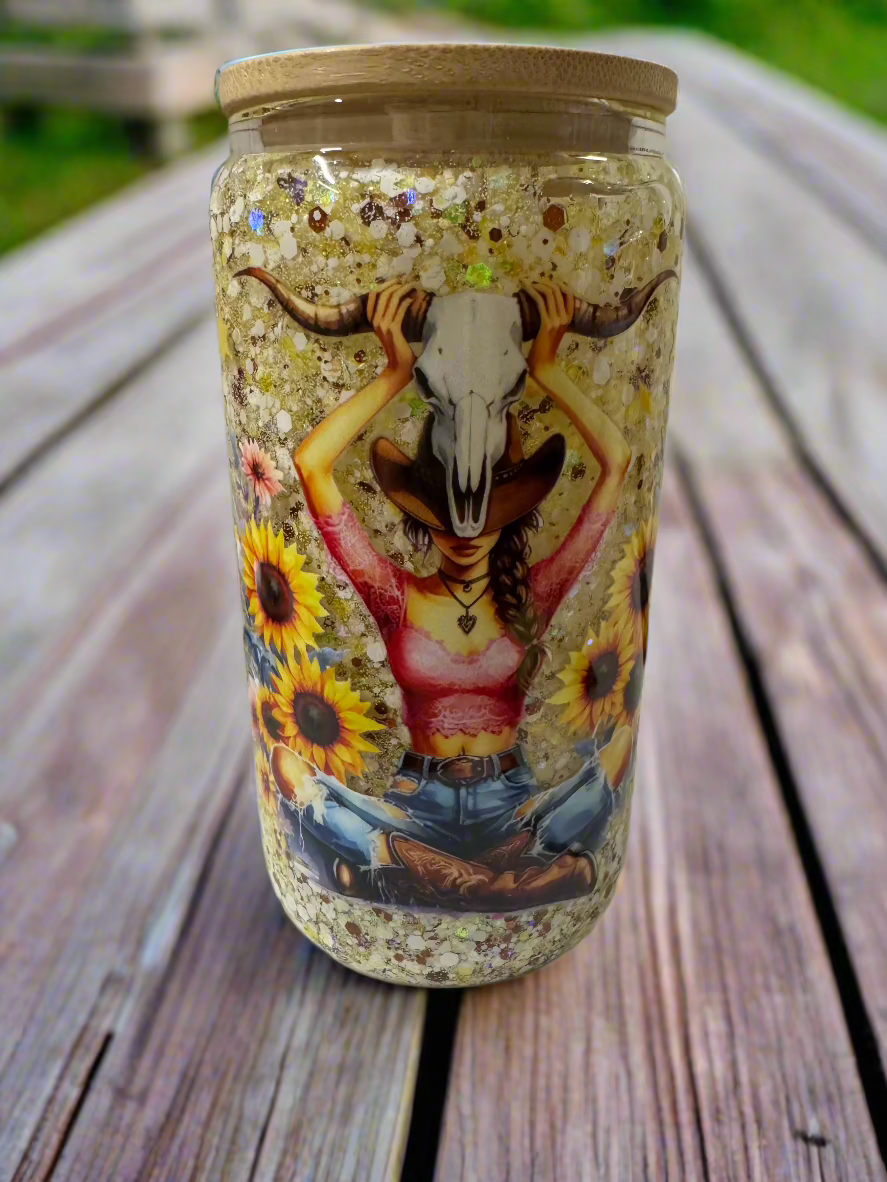 #27 Glass Cup- Cowgirl and Longhorn Skull